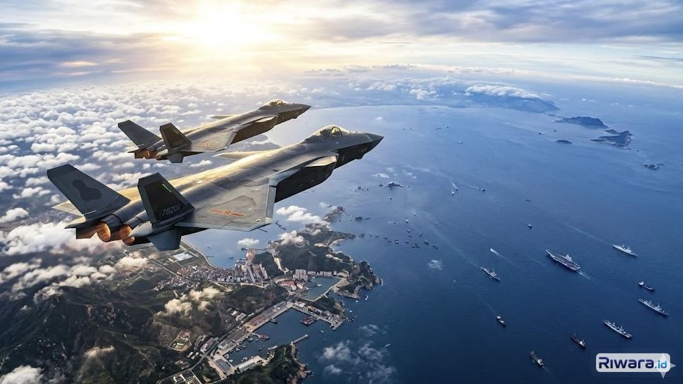 Ilustrasi pesawat tempur siluman J-20 Migthy Dragon, alutsista mutakhir buatan China yang menjadi simbol kekuatan negara tersebut, dibuat dengan bantuan Gemini AI